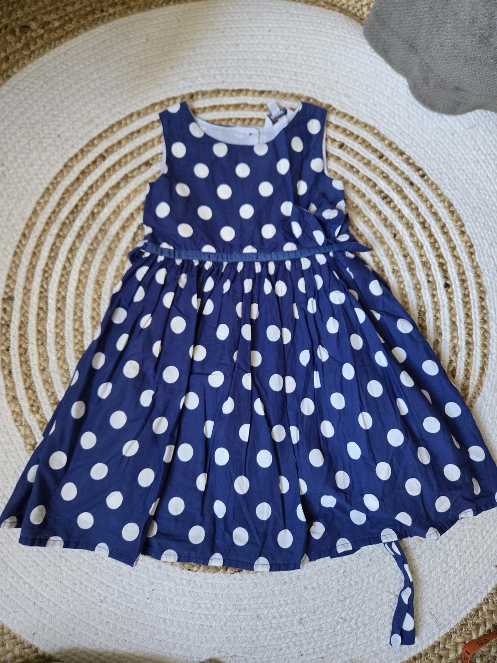 Classic Navy Polka Dot Sleeveless Girls Dress with Waist Tie
